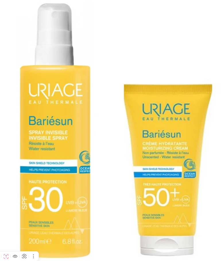 URIAGE БАРЬЕСАН НАБОР:  Невидимый спрей SPF30, 200 мл + Увлажняющий крем без ароматизаторов SPF50, 50 мл