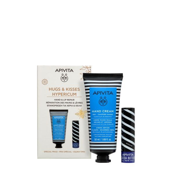 APIVITA НАБОР Крем для сухих и потрескавшихся рук со Зверобоем и Пчелиным воском + Интенсивно увлажняющий уход для губ Масло какао SPF 20, 50 мл + 4,4 гр